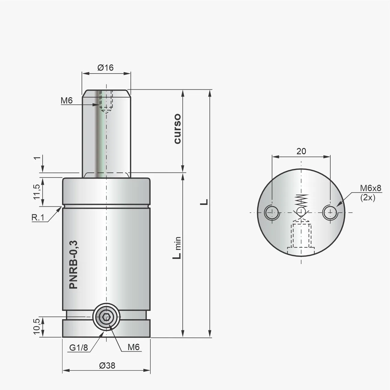 Desenho técnico do cilindro PNRB-0,3