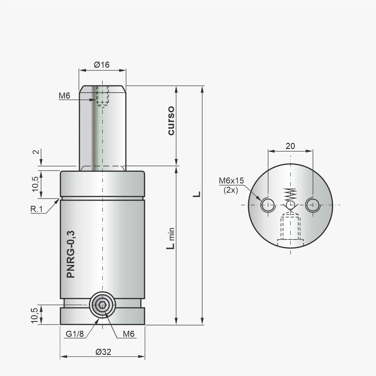 Desenho técnico do cilindro PNRG-0,3