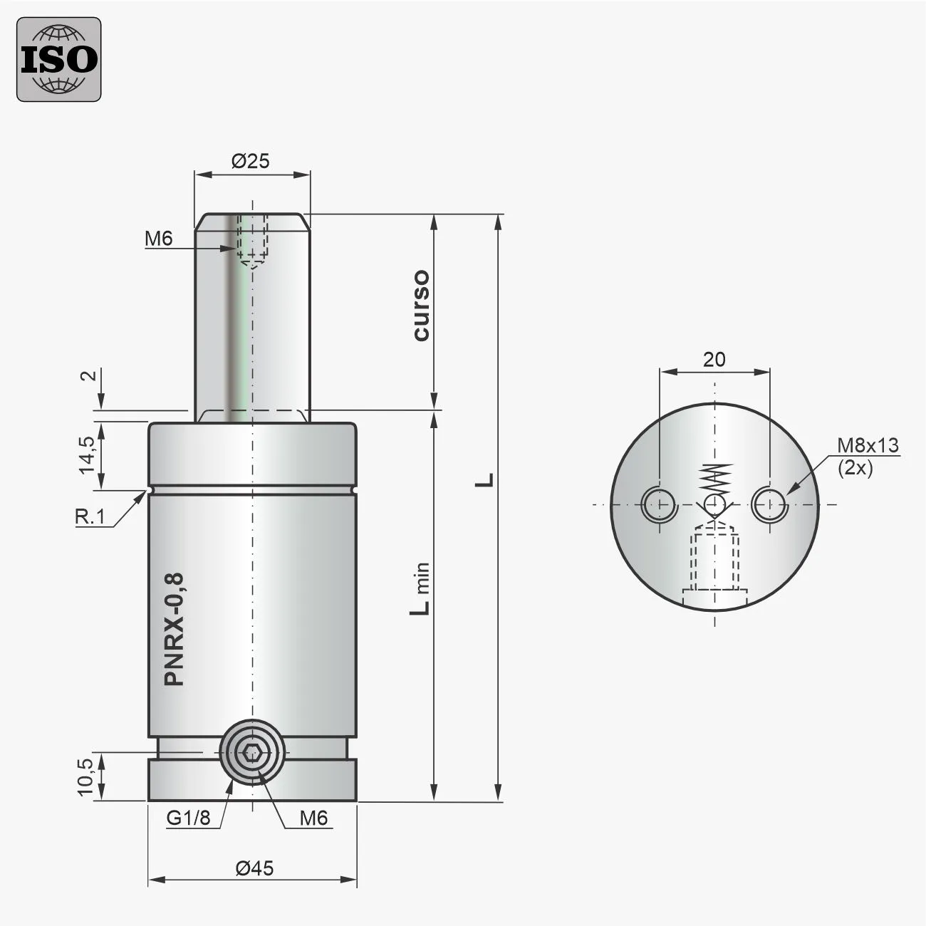Desenho técnico do cilindro PNRX-0,8